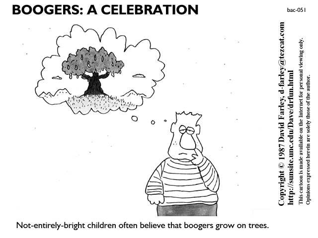 Not-entirely-bright children often believe that boogers grow on trees.